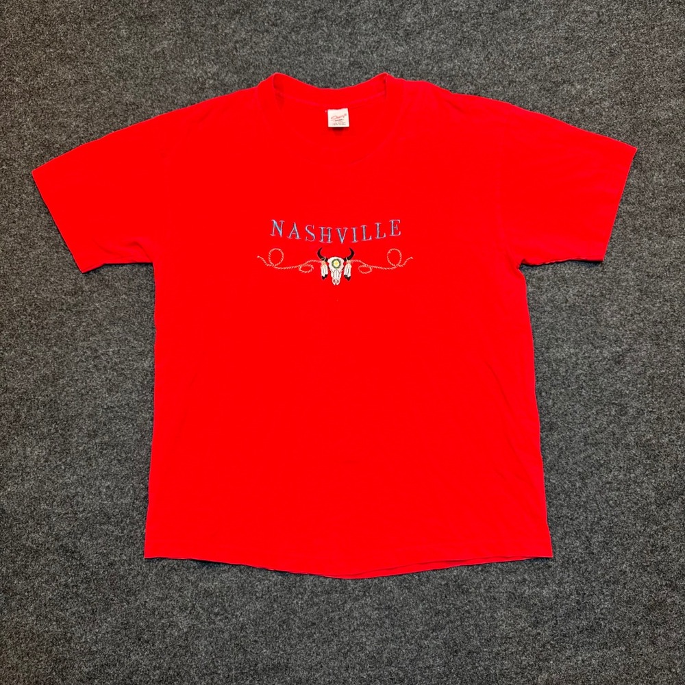 Vintage Sherry's Best Nashville T-Shirt Red XL USA Steer Skull Embroidered